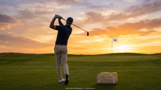 Golfer swinging club on sunset course, success attained stone marker, sports achievement, golf tournament victory, precision performance, outdoor recreation, athletic excellence