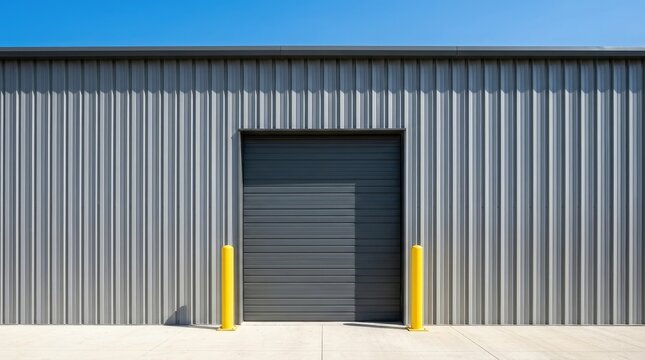 Modern industrial warehouse exterior with corrugated metal walls and dark rollup loading garage door