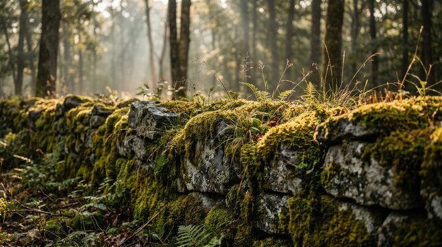 Ancient moss covered stone wall glowing softly in mystical morning sunlight inside deep lush forest