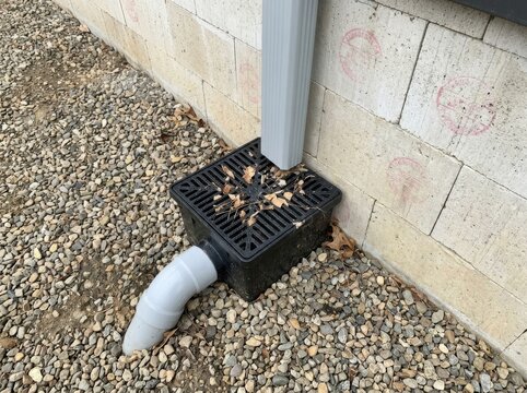 Downspout connected to black catch basin with debris grate on gravel foundation for residential building water diversion.