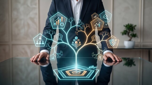Businessman interacting with a glowing holographic tree chart displaying growth metrics and strategic icons, symbolizing corporate strategy, organizational structure