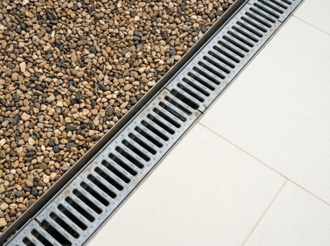 Modern steel linear drain grate separating white outdoor porcelain tiles from pebble decorative border for patio drainage.