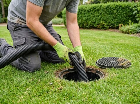 Professional worker in green gloves using a vacuum hose to clean an outdoor drainage system in a grassy yard.