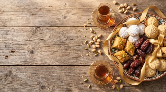 Overhead flat lay of a round platter of Eid sweets and dates with gold ribbon two tea glasses and scattered pistachios on a rustic wooden table