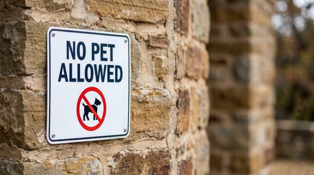 Clear prohibition sign warning visitors about no pets allowed mounted on old weathered stone wall