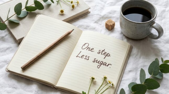 Open notebook with inspirational text handwritten on lined paper beside ceramic coffee cup and flowers