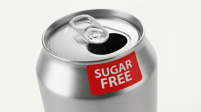 Opened metallic beverage container featuring a red sugar free label standing isolated on white