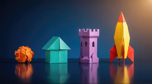 Colorful origami paper progression showing evolution from wrinkled ball into house castle and rocket ship