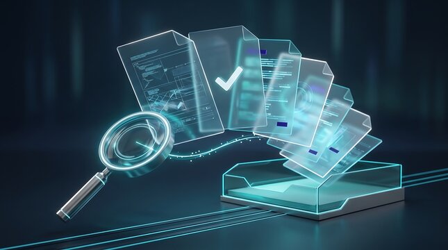Advanced document search and retrieval system featuring a magnifying glass icon scanning through holographic files in a virtual storage tray for efficient data management
