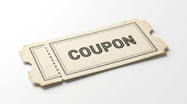 Vintage paper coupon with bold black lettering resting isolated on a clean white background surface