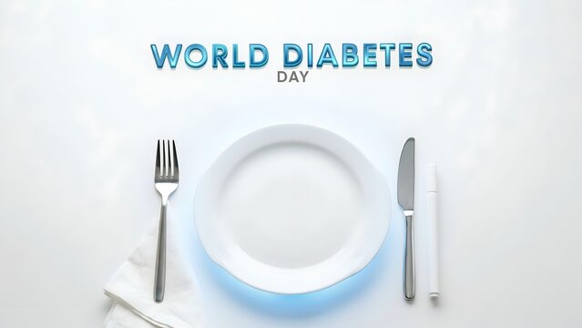 World diabetes day text with empty plate fork knife and insulin pen