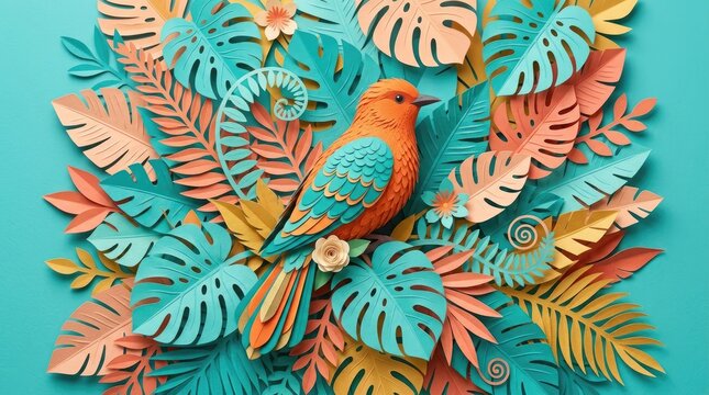 Vibrant papercraft tropical bird perched amidst colorful handmade jungle foliage leaves and blooming flowers