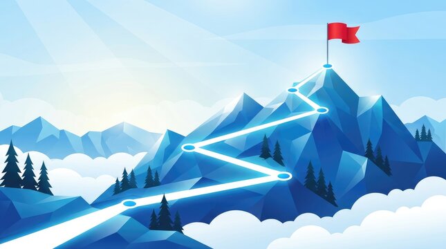 Vibrant red flag planted firmly on high snowy mountain peak symbolizing ultimate business success