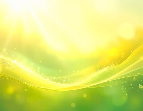 光　ウェーブ　Lime Green and Yellow Abstract Wave Background with Radiant Sunlight and Sparkling Particles