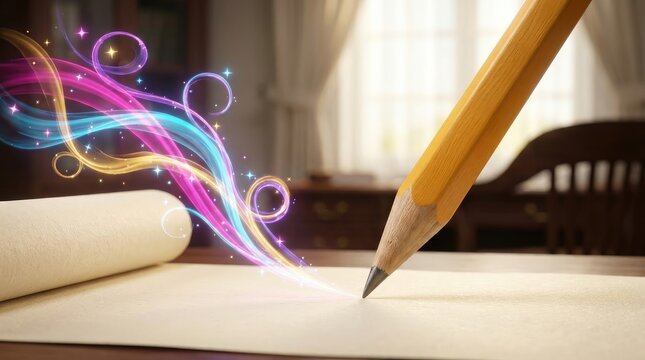 Magical yellow pencil drawing glowing colorful glowing sparkling fantasy lines onto blank parchment paper