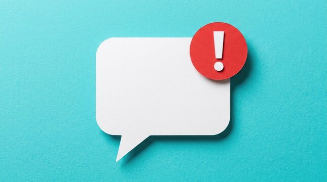 White speech bubble with red exclamation mark notification icon on bright turquoise textured background