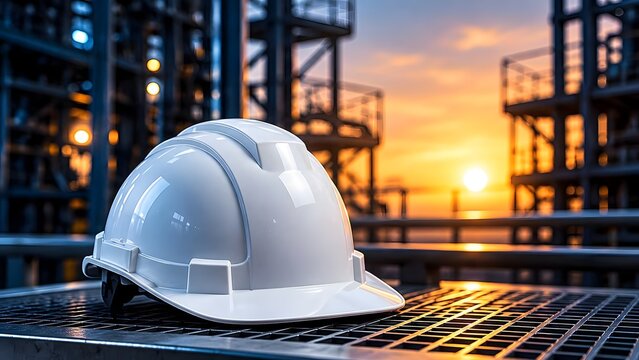 White Safety Hard Hat Helmet Resting on Metal Grating at Industrial Construction Site During Sunset