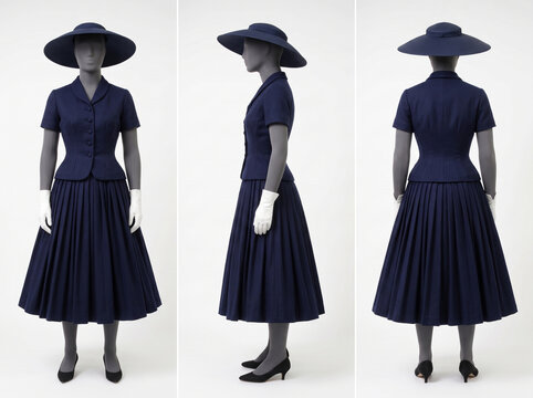 3-sided view of a full-body mannequin wearing a 1950s mid-century cinched waist jacket and full skirt