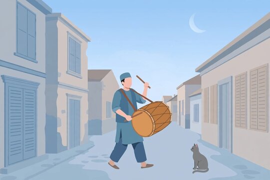 Man beating drum in old street at dawn waking neighbors for suhoor, Ramadan flat vector illustration