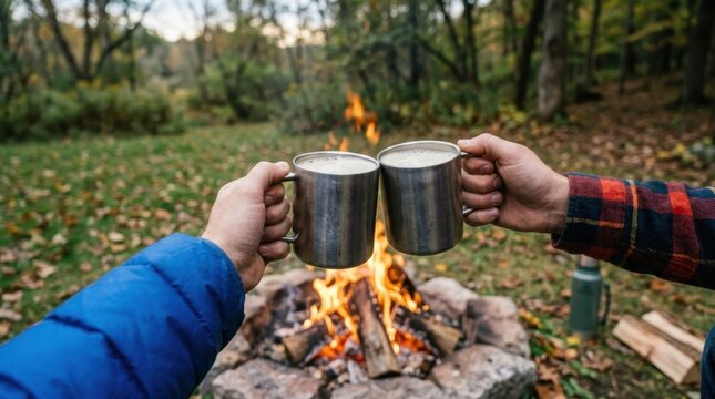 Close-up of two friends toasting with metal mugs over a cozy campfire in the forest during autumn, celebrating camping life and outdoor adventure while enjoying hot drinks by the fire.