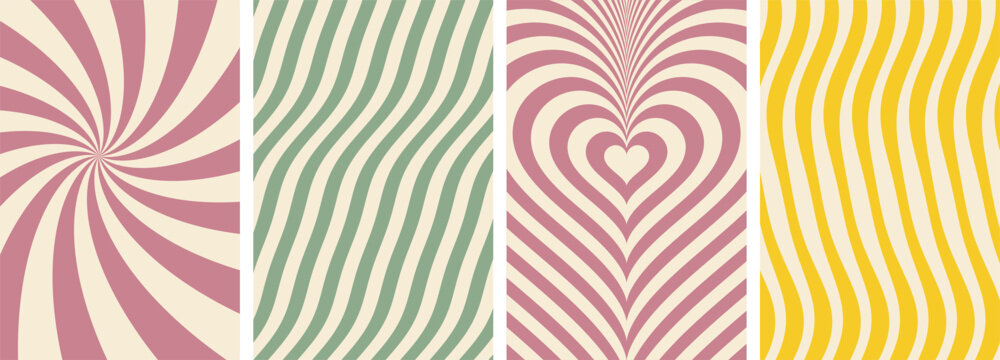 Set of four groovy retro psychedelic optical illusion patterns with spirals, waves and hearts