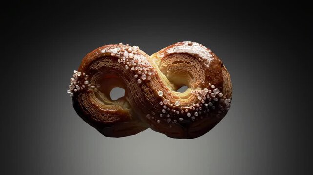 Delicious Pretzel Shaped Pastry with Sugar Sprinkles Floating in Studio Lighting.