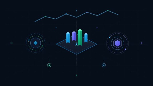 Isometric data visualization with neon bar charts, digital business analytics dashboard, high-tech financial growth infographic motion graphics