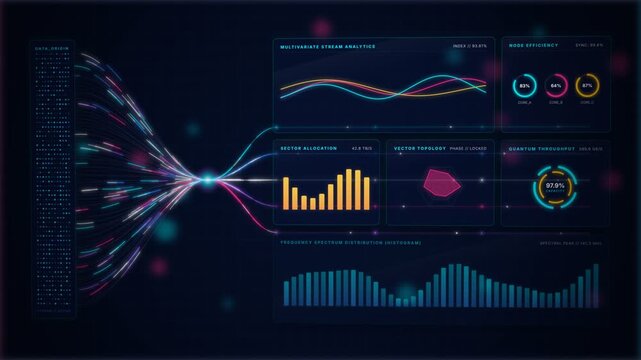 Fiber optic data stream holographic display showing tech analytics. 4K Video