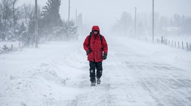 Person walking in a snow blizzard on a rural road  