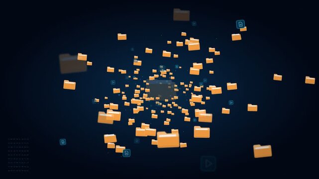 Digital folders and glowing app icons floating in cyberspace. 4K Video