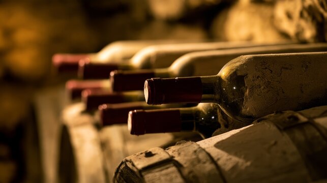 Wine bottles stacked in an old underground wine cellar in Moldova, close-up view of traditional wine storage with rows of glass bottles, rustic atmosphere, heritage, winemaking and wine collection