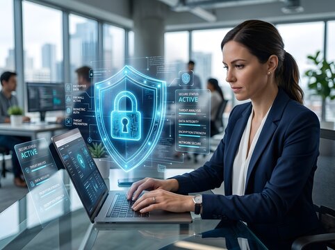 Professional woman analyzing advanced cybersecurity metrics on futuristic digital interface in