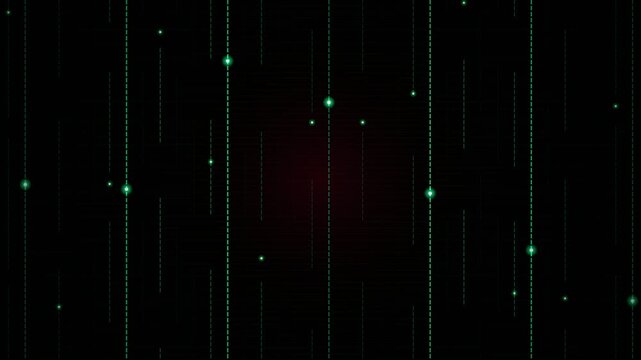 Green digital binary code rain falling down on a dark black background surface