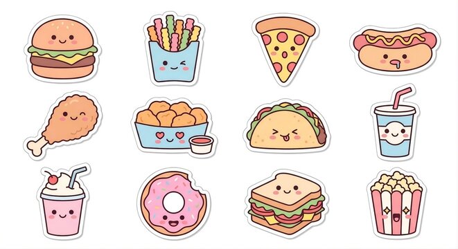 Cute kawaii fast food and snacks sticker sheet collection with burger pizza fries hotdog chicken nugget and drinks illustration isolated on white background