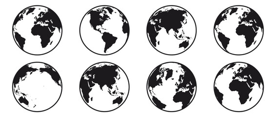 World maps showing different continents highlighted. Globe illustrations with shaded regions. Africa, Asia, Europe, North America, South America, Australia, Antarctica. Minimalist design for. © ruefehehoag