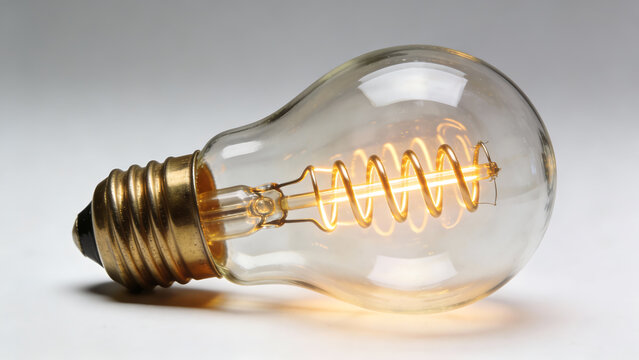 Incandescent light bulb with glowing coiled filament on white background