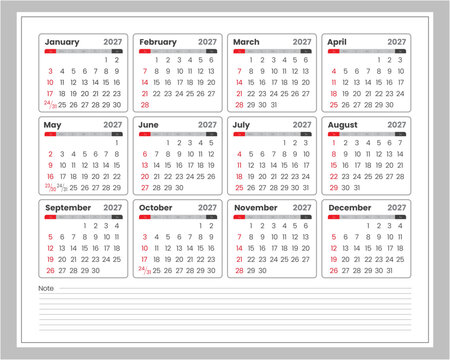 2027 Calendar Template with Notes Section and Editable Text