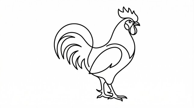 Vector continuous one line drawing of a rooster standing with curved tail feathers, minimalist black outline on white background