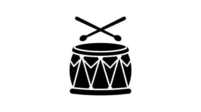 Black silhouette icon of a marching drum with two crossed drumsticks. Great for music, festival, parade, celebration, and instrument themes. Minimal vector illustration.