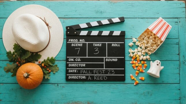 A wooden table displays a clapboard surface with a film set setup. A clapperboard with "Prod.