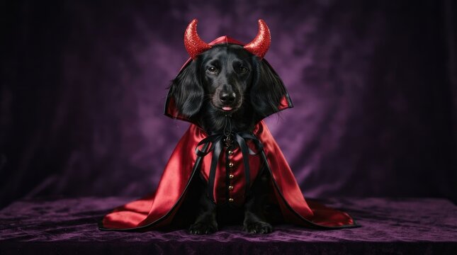 A black dachshund dog wears a devil costume. The dog is dressed in a red cape and a devil's hood with small horns.