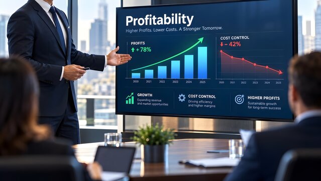 Corporate executive delivering financial presentation on profitability and cost control in boardroom