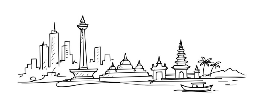 Indonesia City Skyline and Colonial Fort Line Art Illustration