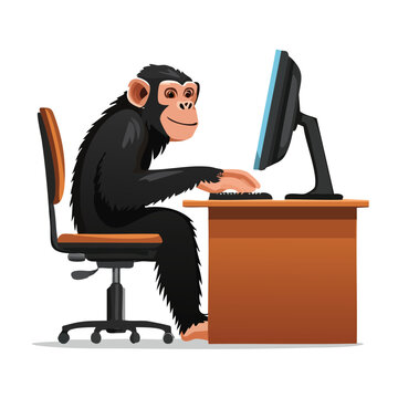 Funny chimpanzee sitting at office desk working on a computer illustration