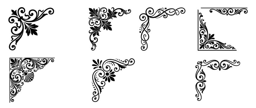 Decorative corner ornaments with intricate scrollwork designs. Ornamental architectural flourishes for framing. Floral, geometric, and scroll corner pieces. Vector illustration.