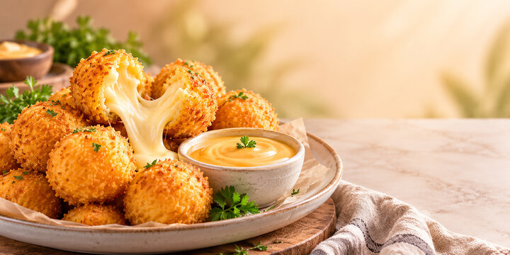 Crispy Golden Deep Fried Cheese Balls with Melted Mozzarella and Dip