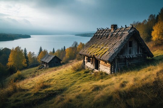 Old abandoned thatched cottage on green hill overlooking calm lake. Rustic wooden cabin sits in countryside landscape under cloudy sky. Two derelict houses in autumn forest near water. Peaceful rural