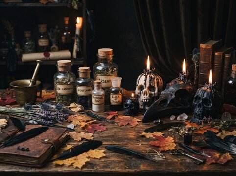 Moody Gothic Apothecary Still Life With Skull Candles And Herbs