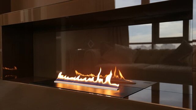 Static view of modern linear bioethanol fireplace with burning flame tongues reflecting living room sofa and window on glossy dark surface inside apartment