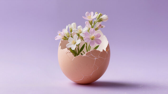 cracked peach eggshell holding a bouquet of delicate white and pink spring flowers on a lavender background, soft minimal photo, conceptual new life, spring rebirth and gentle easter renewal concept